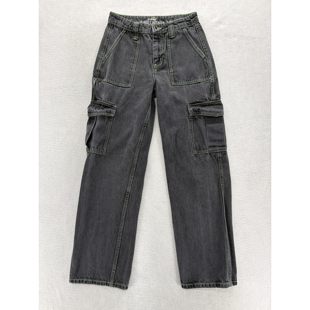 Hot Topic Denim Jeans Womens 1 Black Hi Rise Carpenter Cargo Utility Grunge Y2K - Picture 1 of 12